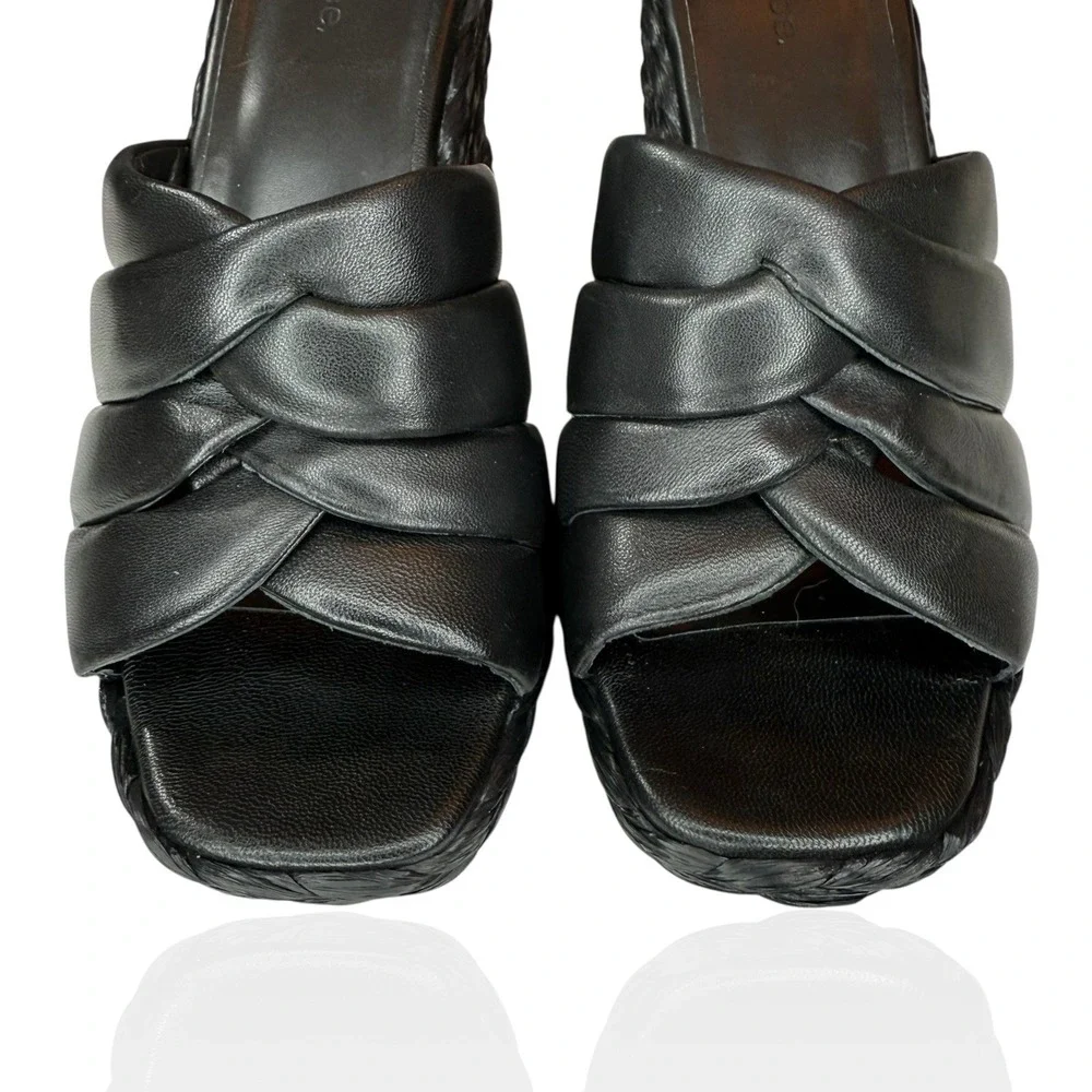 Vince Camuto Lauren Beverlin Poppy Black Leather High Wedge Slip On Sandal 9M US